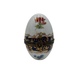 Vintage Limoges France Floral Porcelain Egg Trinket Box Hinged Lid Gold Detailin